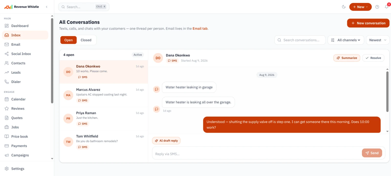 Revenue Whistle inbox: a customer texts that their water heater is leaking, and the AI replies with advice and an offer of a 10:00 appointment.